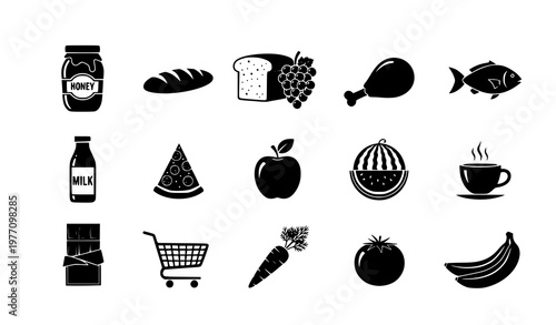 Minimalist Food and Grocery Silhouette Icons Vector for Shopping and Market Design