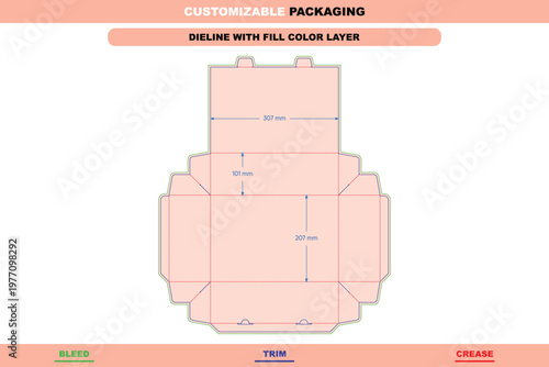 Flip box dieline template with dimensions, featuring peach fill color, green bleed lines, blue trim lines, and red crease lines for packaging