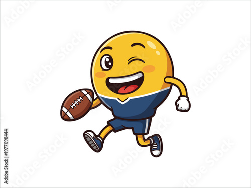 Happy cartoon character holding football running cheerfully with sports attire