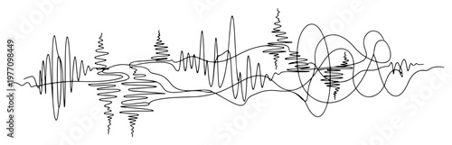 Fotografie Overlapping sound waves and chaotic audio frequencies in fluid continuous line a