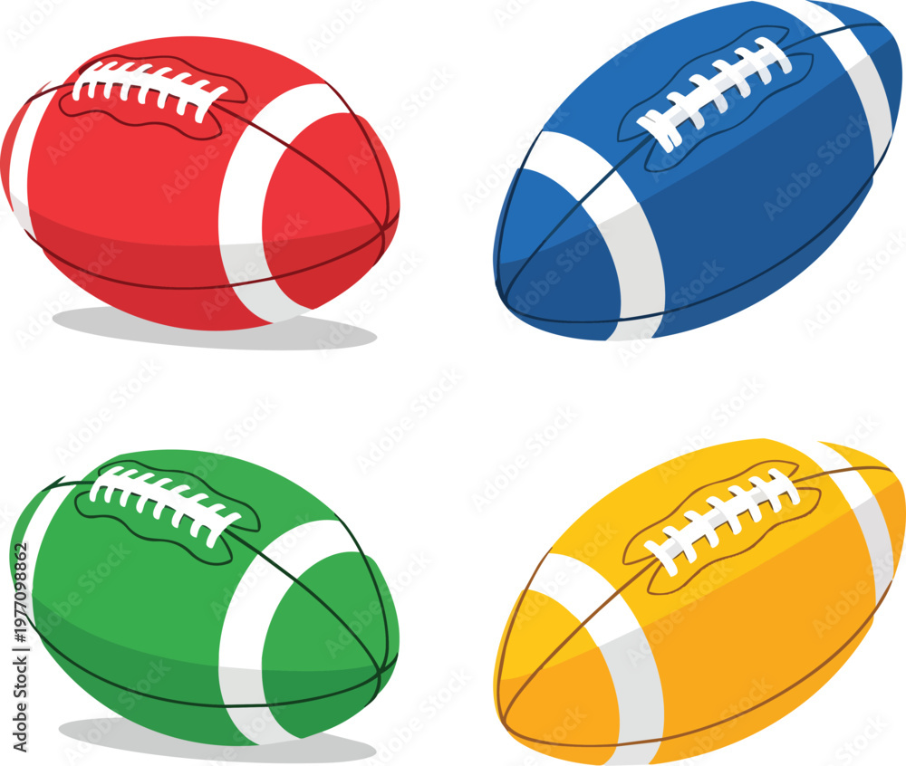 Fototapeta premium Vector set of four colorful american footballs in red blue green and yellow