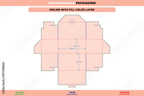 Flip box dieline template with dimensions, packaging layout featuring bleed, trim, and crease lines for retail product box construction