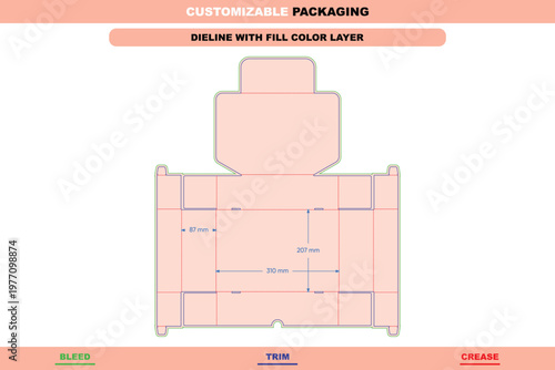 Flip box dieline template with fill color layer, featuring bleed, trim, and crease lines with dimension annotations in millimeters