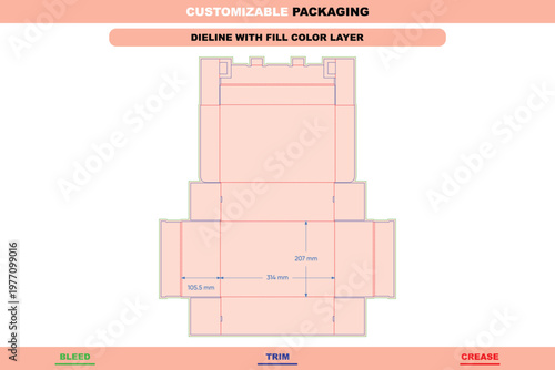 Flip box dieline template with fill color, labeled bleed, trim, and crease lines, including dimension annotations for packaging