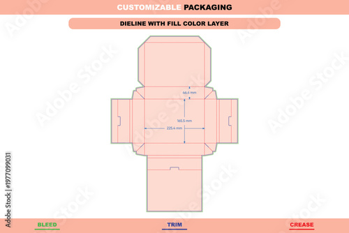 Flip box dieline template with fold structure, including bleed, trim, and crease lines with dimension measurements in millimeters
