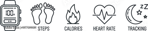 Fitness tracker icons steps calories heart rate sleep tracking
