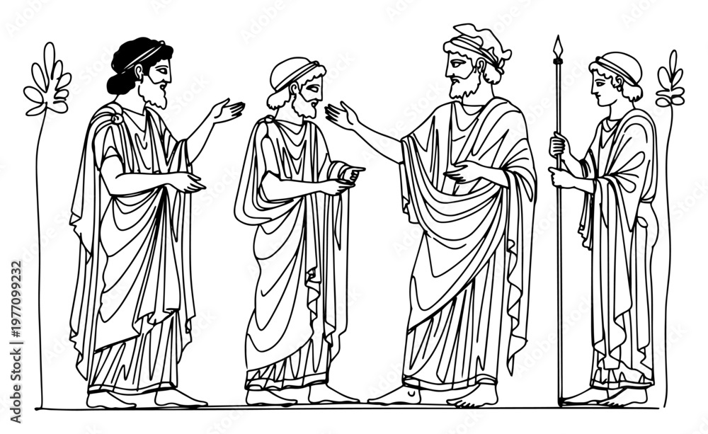 Fototapeta premium Ancient Greek philosophers conversing in classical togas drawn in minimalist continuous line art style
