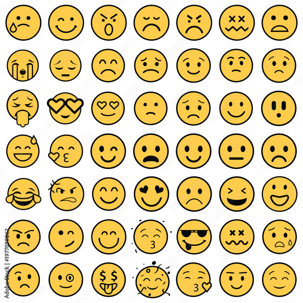 Fototapeta premium Collection of various yellow emoticon faces on white background 