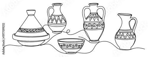 Canvastavla Collection of traditional ceramic pottery vessels and jugs drawn in minimalist c