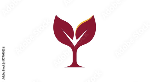 This elegant vector logo features a stylized wine glass silhouette that seamlessly transforms into two sprouting leaves. Using a rich burgundy and golden color palette, this creative design perfectly.