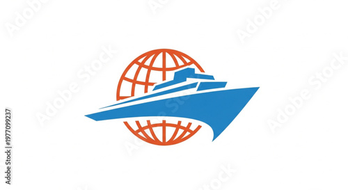 A modern logistics logo featuring a stylized blue ship silhouette positioned in front of an orange-red wireframe globe. This clean, minimalist design represents international shipping, global trade.