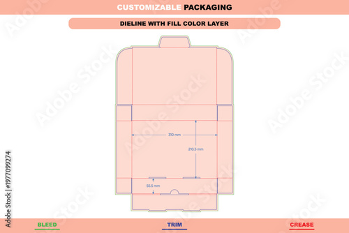 Flip box dieline template with structural folds, dimensions, and color fill layer for retail packaging and die cutting