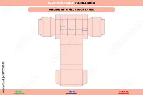 Flip box dieline template with three-block structure, featuring labeled dimensions, trim lines, crease lines, and bleed areas in a flat layout