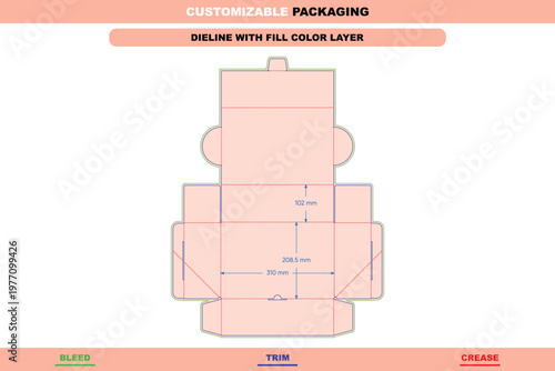 Flip box packaging dieline template with dimensions, featuring bleed, trim, and crease lines in a flat layout for retail display