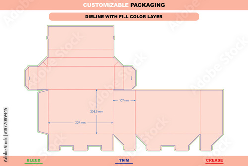 Flip box packaging dieline template with fill color layer, including bleed, trim, and crease lines with dimension annotations in millimeters