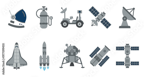 Flat vector illustration collection of space exploration icons including a rocket, spaceship, satellite, moon rover, and astronaut helmet.