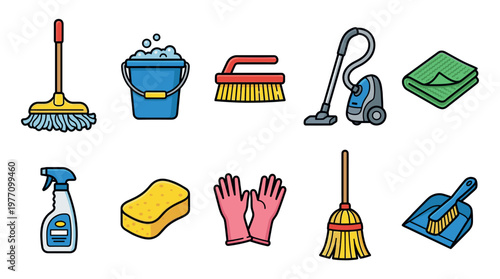 A colorful vector illustration showcases a variety of essential cleaning supplies, including a mop, bucket, vacuum, and gloves, against a clean white background.
