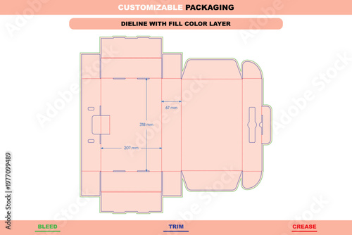 Flip mailer box dieline template with fill color layer, including bleed, trim, and crease line indicators with dimension measurements