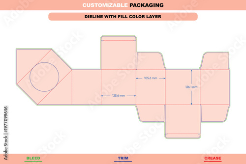 Packaging dieline template with fill color layer, fold structure, and measurement annotations for custom box manufacturing