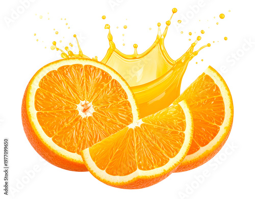 Fresh orange halves and slices with splashing juice