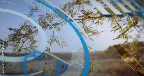 Close-up thorny branch initiating 3D rings growing rotating, grid emerging nodes forming interface