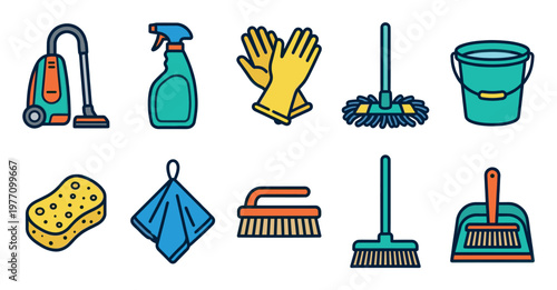 A flat design collection of essential cleaning supplies including a vacuum cleaner, spray bottle, gloves, mop, bucket, sponge, cloth, brush, and dustpan against a white background.
