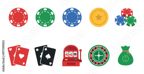 Collection of flat casino game icons including poker chips, playing cards, slot machine, roulette wheel, coin and money bag on white background.