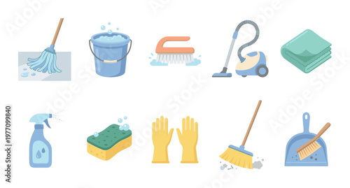 A collection of colorful, flat-style illustrations depicting various cleaning tools like a mop, bucket, vacuum, broom, and gloves for home or commercial use.
