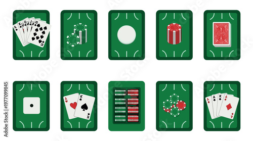 A collection of flat design icons related to casino gambling, including playing cards, poker chips, and dice, set against a simple green background.