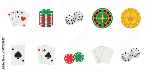 A collection of flat design icons representing various casino gambling games including playing cards, poker chips, dice, roulette wheel, and a gold coin.
