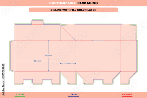 Tuck end box dieline template with fill color, featuring labeled bleed, trim, and crease lines with dimension measurements for retail packaging