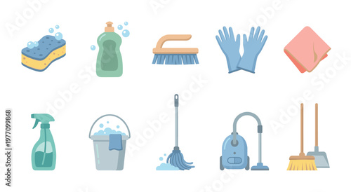 A cheerful, colorful collection of essential cleaning tools, including a sponge, soap, gloves, mop, bucket, spray bottle, vacuum cleaner, broom, and dustpan, arranged in a flat design.
