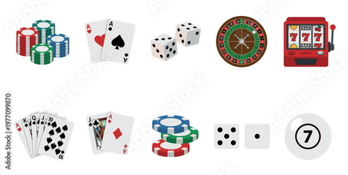 A collection of flat design casino icons including poker chips, playing cards, dice, a roulette wheel, a slot machine, and a lottery ball.