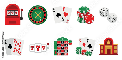 A colorful flat design collection of casino gambling icons including slot machines, roulette, dice, playing cards, poker chips, and a casino building on a white background.