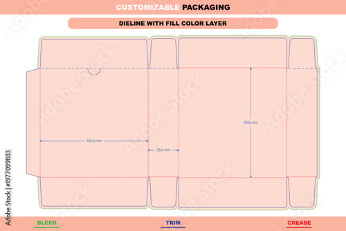 Tuck end box dieline template with fold structure, trim lines, and bleed margins, featuring labeled dimensions in millimeters on a pink background