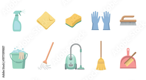 A collection of cleaning tools including a spray bottle, cloth, sponge, gloves, brushes, bucket, mop, vacuum, broom, and dustpan on a white background.