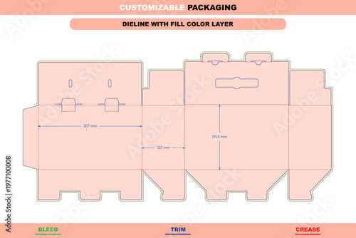 Tuck end box packaging dieline template with double snap locks, featuring measurement annotations, bleed, trim, and crease line indicators
