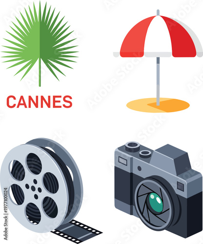 Cannes Film Festival Cinema Icons with Palm Leaf and Camera Set