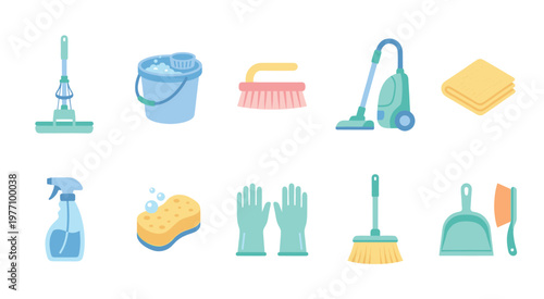 A collection of colorful, flat design illustrations of essential household cleaning tools arranged against a white background.