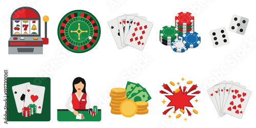 A flat design collection of casino game elements including a slot machine, roulette wheel, playing cards, poker chips, dice, money, and a dealer for online gambling or entertainment concepts.