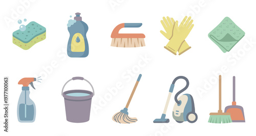 A collection of colorful cartoon style cleaning supplies including a sponge, dish soap, brush, gloves, cloth, spray bottle, bucket, mop, vacuum, and dustpan.