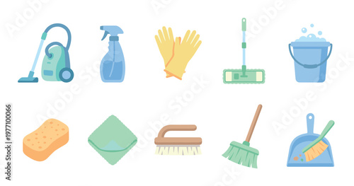 A set of colorful flat design illustrations of various cleaning tools arranged on a white background, perfect for home or commercial use.