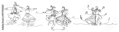 People dancing folk and ballroom dances in various stages minimalist continuous line art