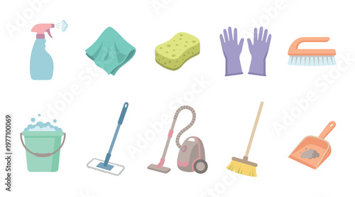 A collection of flat design illustrations of cleaning supplies including a spray bottle, microfiber cloth, sponge, gloves, bucket, mop, vacuum, broom, and dustpan.