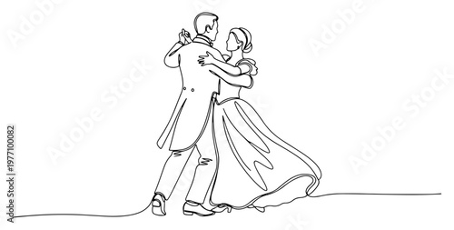 Elegant couple dancing ballroom waltz in formal attire continuous line drawing
