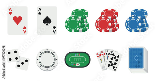 This flat design illustration displays a collection of colorful poker and casino game icons, including playing cards, dice, chips, and a poker table, on a white background.