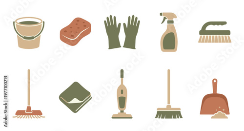 Flat illustration of various cleaning tools arranged in two rows, including a bucket, sponge, gloves, spray bottle, brush, microfiber cloth, vacuum, mop, and dustpan.