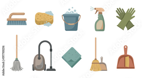 A collection of flat design icons representing various household cleaning supplies, including brushes, sponges, buckets, and mops, ideal for illustrating domestic chores.