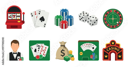 A vibrant flat design collection of casino and gambling icons including a slot machine, playing cards, poker chips, dice, roulette wheel, dealer, money bag, and casino entrance.