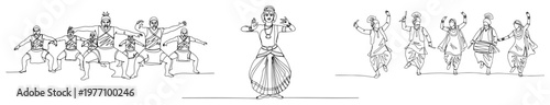 Diverse group of folk dancers performing traditional cultural dances in minimalist line art style